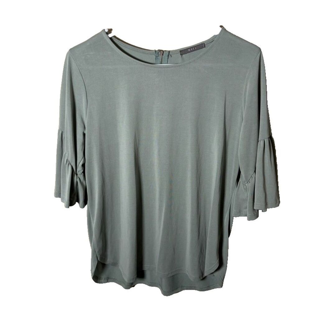 Gyft T-Shirt Women's Small Green Short Sleeve Ruffle Round Neck Casual Top